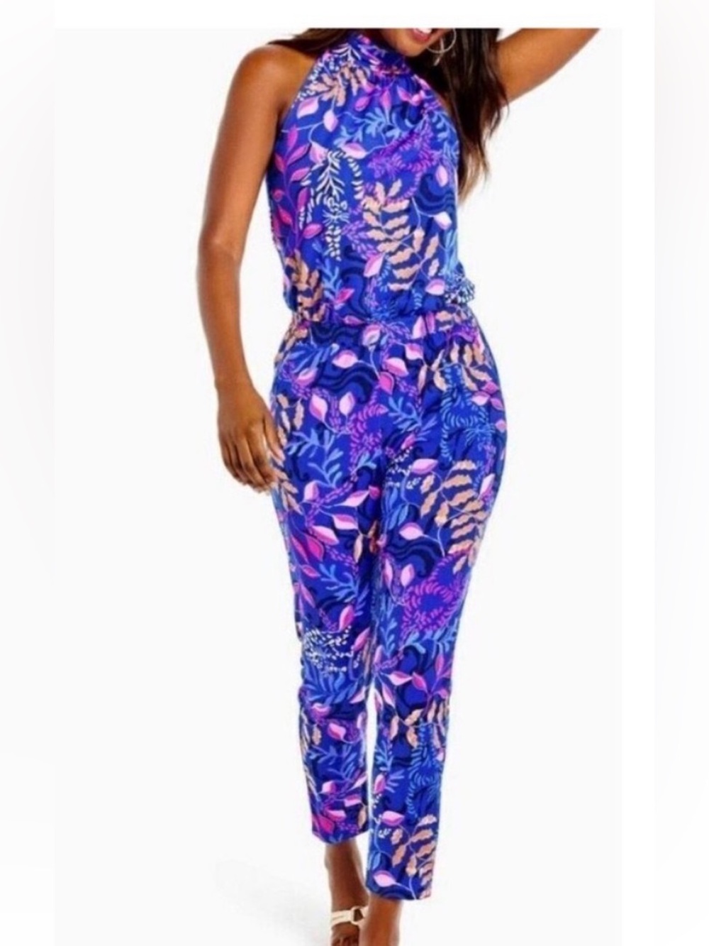 Lilly Pulitzer Blue Floral Halter Jumpsuit with Pink Accents size L